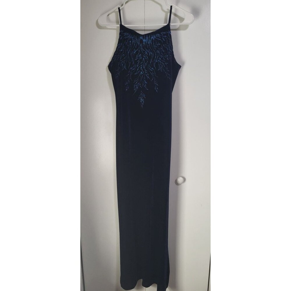 VTG y2k 90s Blue Velvet Long Length Dress Slit Sparkle Flames Whimsigoth SZ M - Picture 2 of 9